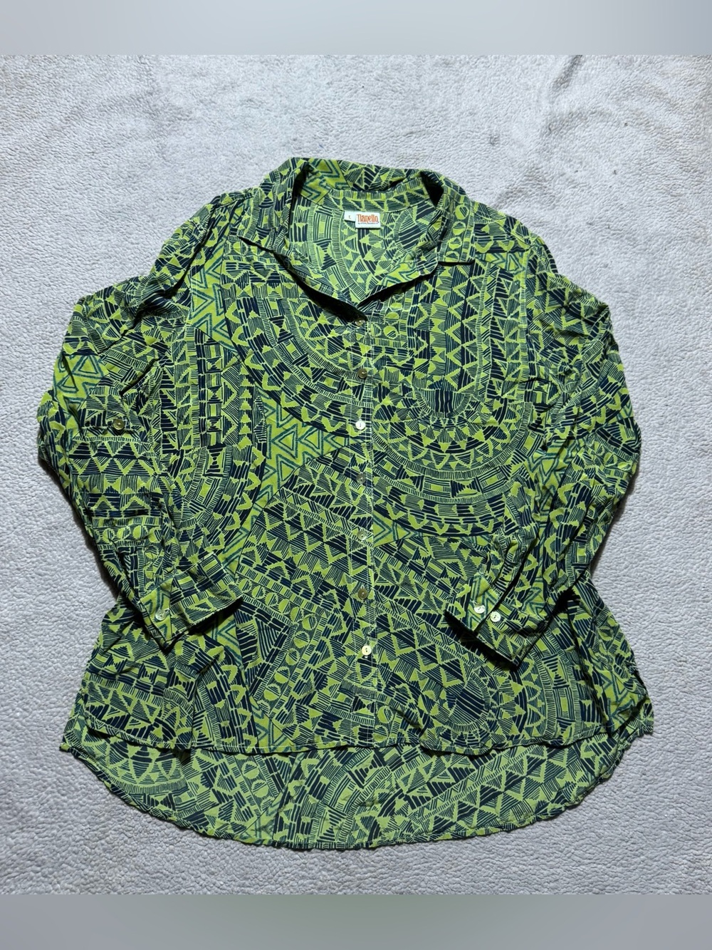 Tianello Steve Barraza Top Womens Large Green Button Up Geometric 100% Silk Tee